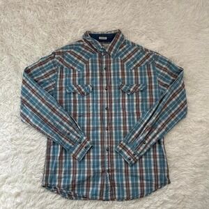 Vintage Western Cowboy Cody James pearl snap blue plaid button up shirt Size XL